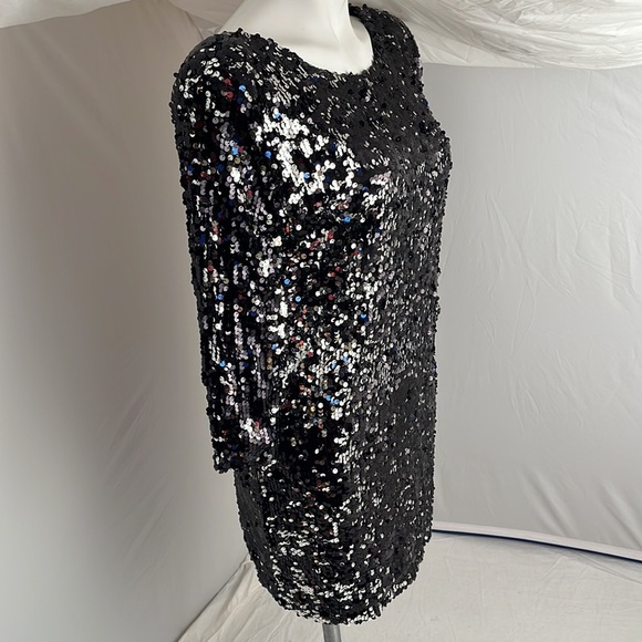 Olga and Maya black and silver sequin three quarter sleeve mini dress L - Picture 2 of 10